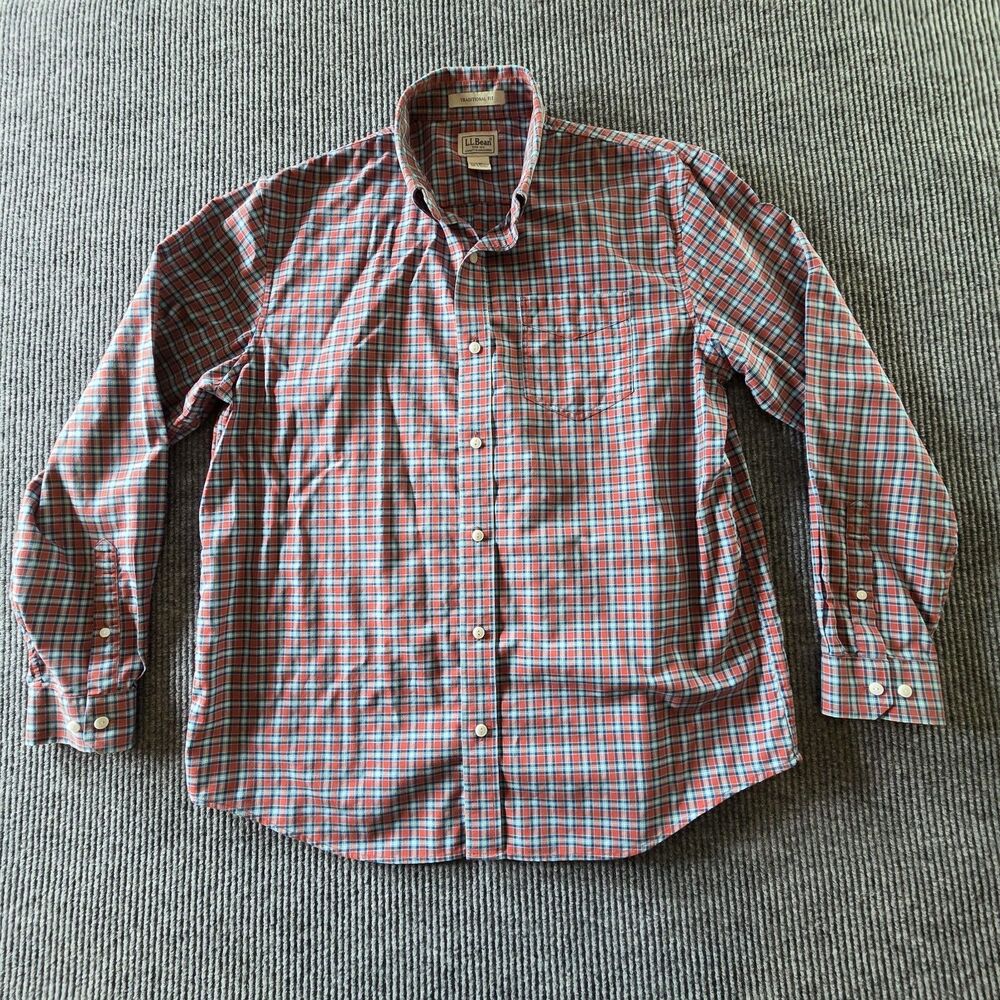 LL Bean Men’s Size L Traditional Fit Button Down Shirt Red Check Cotton